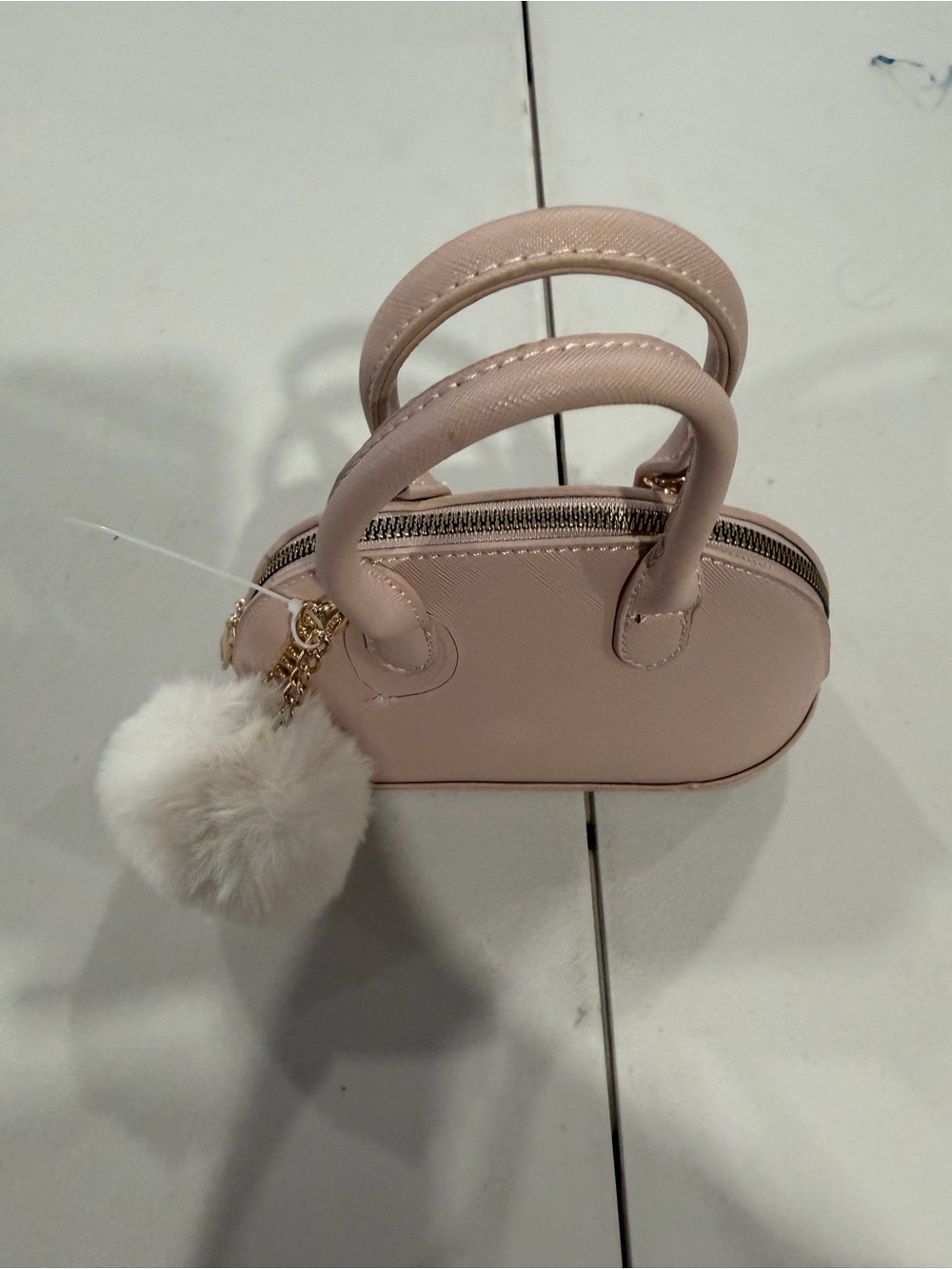 Blush Pink Mini Dome Handbag with Faux Fur Pom Pom
